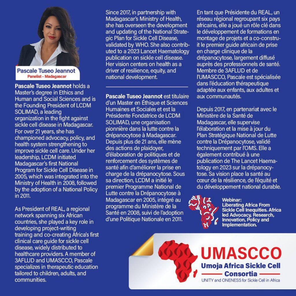 Pascale Tuseo Jeannot, présidente fondatrice de LCDM SOLIMAD, paneliste du webinaire UMASCCO sur la drépanocytose